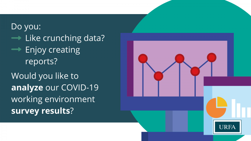 Text on the left says "Do you: like crunching data? Enjoy creating reports? Would you like to analyze our COVID-19 working environment survey results?" On the right is a graphic of a computer with a chart on it and beside it is a page with a pie chart and a bar graph. The URFA logo is in the bottom right.
