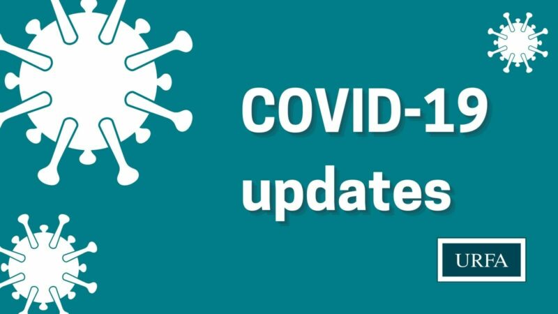 Three graphics that look like COVID in left corners and top right corner. URFA logo bottom right corner. Text on right says, "COVID-19 updates".