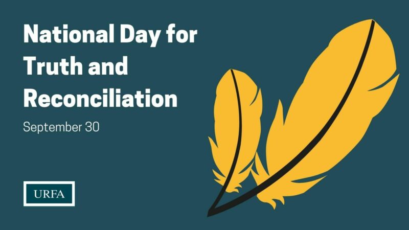 Text on the left says, "National Day for Truth and Reconciliation. September 30." URFA logo bottom left corner. On the right are graphics of two yellow feathers.