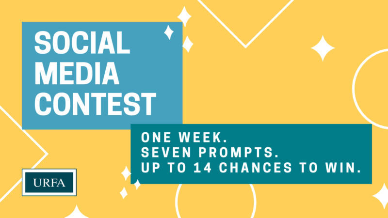 A blue box on the top left contains the text "Social media contest." A green box on the bottom right contains the text "One week. Seven prompts. Up to 14 chances to win." URFA logo in bottom left corner. Background is yellow with white outlines of shapes.