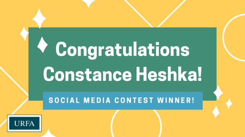 Text says," Congratulations Constance Heshka! Social media contest winner! The URFA logo is in the bottom left corner. The background is yellow with white outlines of shapes.