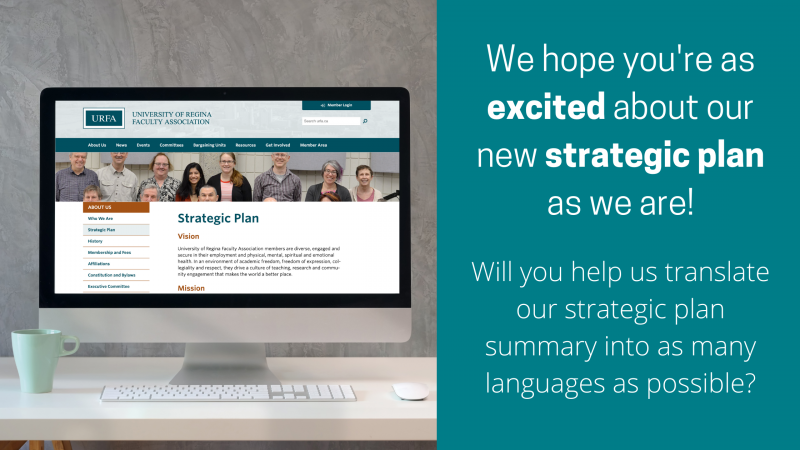 On the left is a Mac computer showing the Strategic Plan web page on the URFA website. On the right, text reads: "We hope you're as excited about our new strategic plan as we are! Will you help us translate our strategic plan summary into as many languages as possible?"